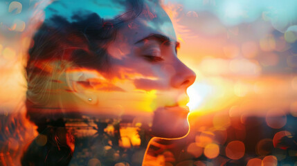 Young women eyes closed double exposure overlay sunset. mental wellbeing, stress