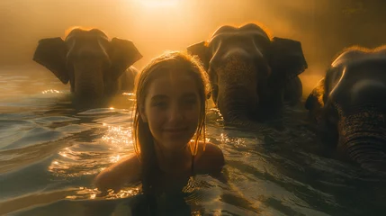 Rolgordijnen Girl swimming with elephants, beautiful sunset in africa  © Fusion Maya Films