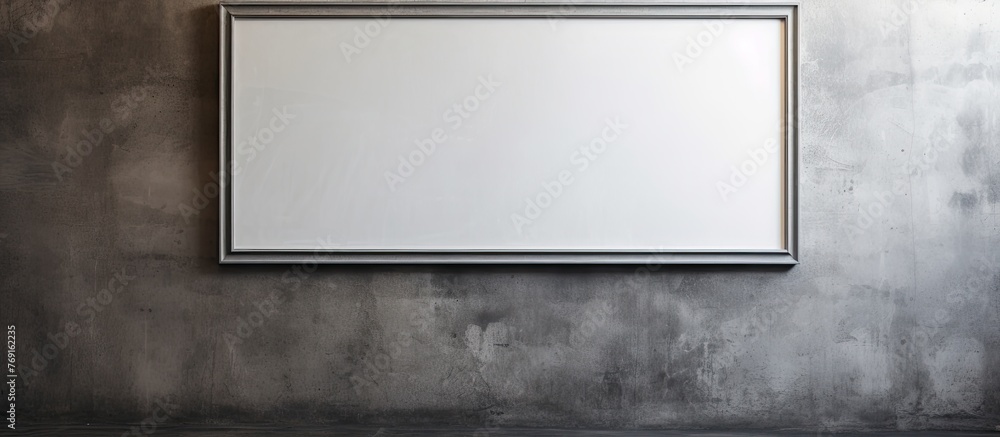 Poster a rectangular whiteboard with a picture frame hangs on a grey wall, creating symmetry in the room. t