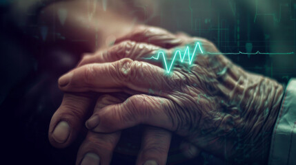Elderly hands with heart trace overlay, symbolizing health, care, aging support, and connection