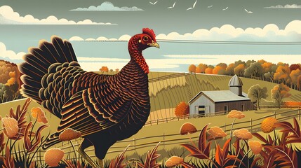 illustration of turkey in the farm - obrazy, fototapety, plakaty