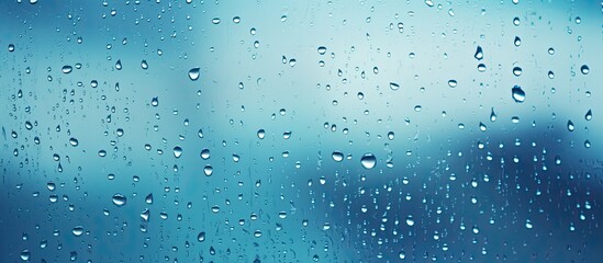 Close-up shot of a window covered in rainwater droplets, creating a serene and peaceful atmosphere - obrazy, fototapety, plakaty
