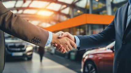 A car seller and buyer shaking hands after buying a new car . Business partnership meeting. A close look at the business handshake on a blurred background. Lease, rental car, insurance.