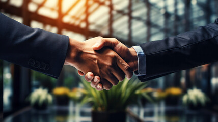 Business handshake between two people. Close-up of the hands of two business people. Business partners, partnership and collaboration