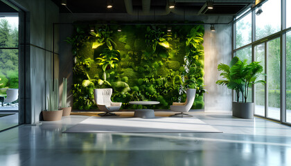 Green, office setting, sustainable office space. Future enviroment friendly office rooms