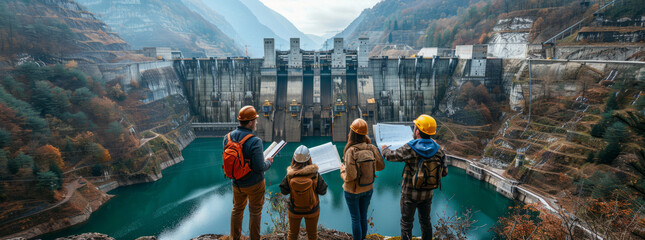 Engineers and supervisors discussing blueprints at hydroelectric dam site.generative ai