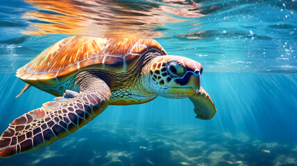 Green sea turtle swimming gracefully through crystal clear ocean waters. Under water close up view of sea turtle in nature tropical ocean. Caribbean, Cayman Islands and Hawaii. Generative AI