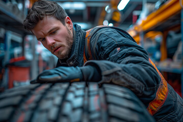Man Leaning on Tire in Factory