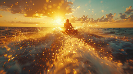 A man is riding a jet ski in the ocean. AI. - obrazy, fototapety, plakaty