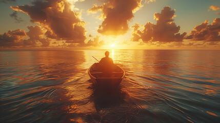 A man is in a boat on a lake at sunset. AI. - obrazy, fototapety, plakaty