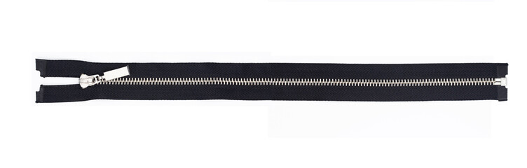 Black metal zipper isolated on white. Long cutout zipper object. Vintage style clothing...
