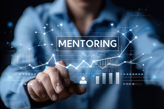 A person, likely a businessman, is touching a button labeled mentoring in a focused manner.