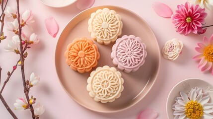 Fototapeta na wymiar A plate full of mooncakes with exquisite flora pattern 