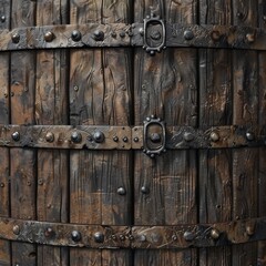 An old rum barrel texture, with dark wood staves and metal bands, evoking the spirit of pirate camaraderie and the celebratory drinks shared after a voyage created with Generative AI Technology