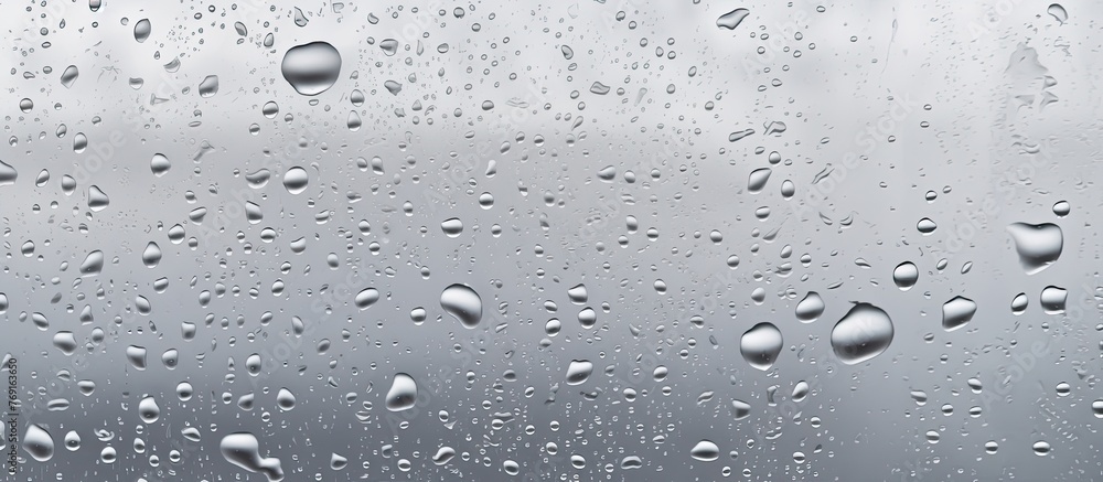 Poster an up-close view of a window covered with raindrops, creating a blurred and wet effect on the glass 