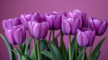 A bouquet of purple tulips is arranged in a vase. AI.