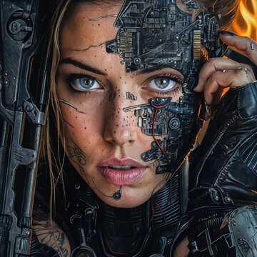 Close-up portrait of a bionic futuristic cyborg woman