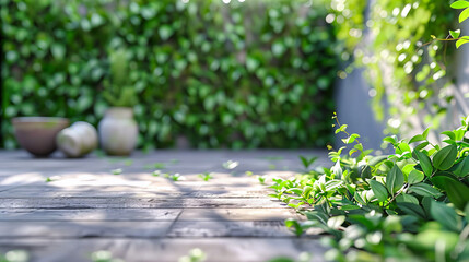 Wooden Table in Summer Garden, Nature-Inspired Design, Outdoor Relaxation Space, Bright and Warm Daytime Setting