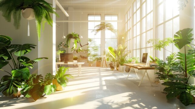 Interior design modern of open space office with plant. AI generated image