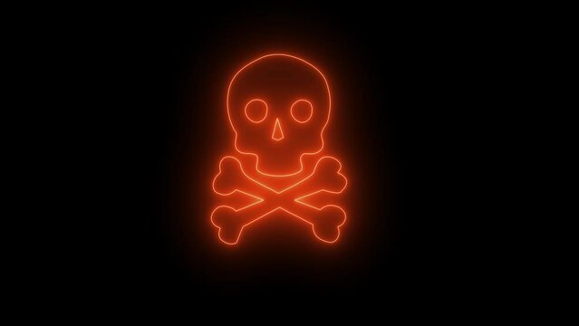 Skull Crossbones neon sign appear in center and disappear after some time. Animated blue neon icon on black background. Looped animation.