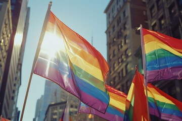 The gay pride flag is flying in the city during an open air festival, with other rainbow flags and people celebrating around it Generative AI