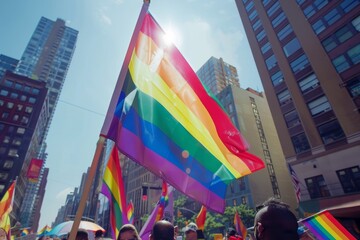 A rainbow flag waving in the wind at an outdoor pride event, with other flags and people celebrating around it against city buildings in background Generative AI