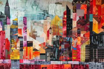 A vibrant abstract collage blending cityscape imagery and diverse textures in a dynamic explosion of colors and shapes.