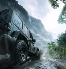 Foto op Plexiglas Off-road car conquers a muddy jungle trail in a rainstorm, tire treads gripping fiercely, water splashing, amidst flashes of lightning and dense, atmospheric greenery. © tjshot