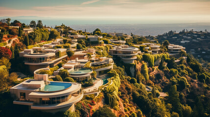 Luxury homes cling to the sun-kissed slopes of the Hollywood Hills, offering a blend of nature and opulence. - obrazy, fototapety, plakaty