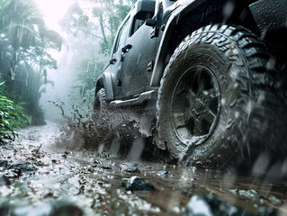 Off-road car conquers a muddy jungle trail in a rainstorm, tire treads gripping fiercely, water splashing, amidst flashes of lightning and dense, atmospheric greenery.