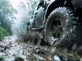 Foto op Plexiglas Off-road car conquers a muddy jungle trail in a rainstorm, tire treads gripping fiercely, water splashing, amidst flashes of lightning and dense, atmospheric greenery. © tjshot