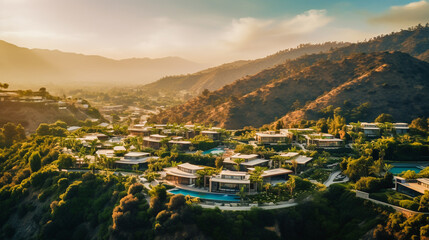 Nestled in the Hollywood Hills, luxurious homes bask in the golden hour's warm glow. - 769165665