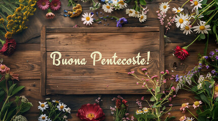 Adatto alla Pentecoste: un cartello di legno con la scritta "Buona Pentecoste!" su un tavolo di legno, circondato da fiori. 