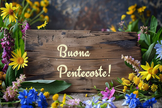 Adatto alla Pentecoste: un cartello di legno con la scritta "Buona Pentecoste!" su un tavolo di legno, circondato da fiori. 
