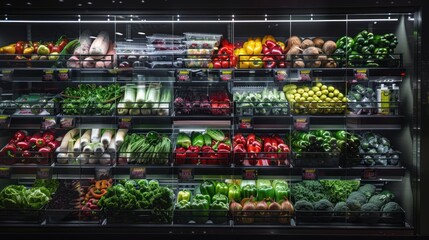 Fresh and healthy various fruits and vegetables on a shelf in a supermarket. AI generated image