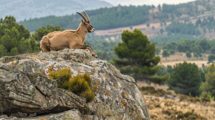 Obraz premium An old male spanish wild goat or Iberian ibex sitting on rock of mountain. AI generated image