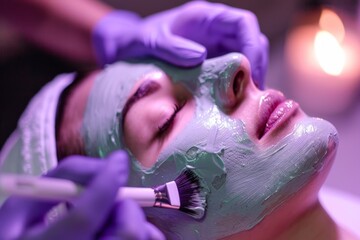 Spa, makeup, facial skin care, woman applying face mask, cream, clay for skin rejuvenation, procedures performed by professional dermatologists in clinic