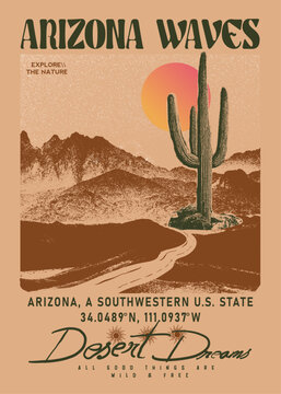 Arizona vintage desert print artwork, western vibes t-shirt design, grunge texture mountain , sky, cactus, print. summer clothing print look like cow boy, cow girl retro art. use this artwork for men