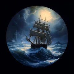 an Aivazovsky-style masterpiece portraying a ship in the moonlit night, capturing the ethereal...