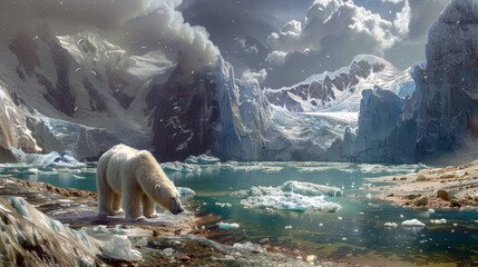 polar bear at the north pole, environmental issue of melting of the north pole - obrazy, fototapety, plakaty