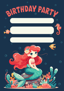 Colorful birthday invitation with cute and modest mermaid sitting on the stone with seaweed. Vector Illustration