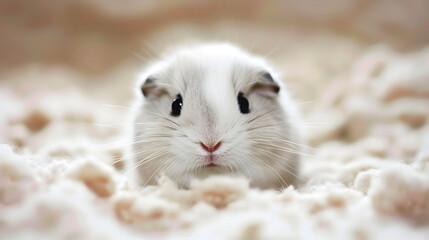 Adorable White Guinea Pig on Fluffy Blanket and Snowy Scene