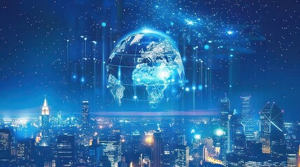 Fototapeta na wymiar Futuristic global technology internet connection of cityscape concept. AI generated image