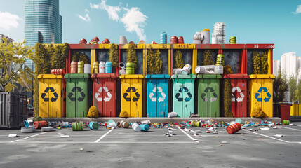 recycling station with several bins, landfill - obrazy, fototapety, plakaty