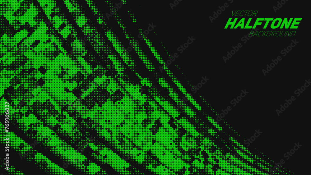 Wall mural Abstract vector torn green halftone corner wave. Scrathed dotted texture element.