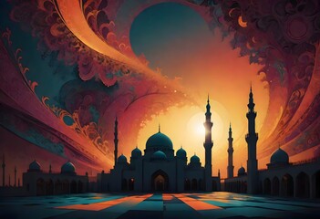 Mosque Silhouette Reflected in Calm Water Under a Crescent Moon and Starry Sky, Generative AI - obrazy, fototapety, plakaty