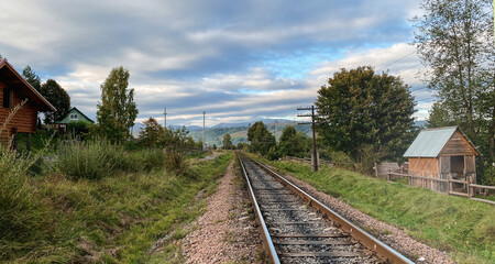 Obraz premium A train tracks with trees and grass in sunny day