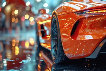 An orange sports car is parked in a showroom with a glossy surface. The background is blurred, the...