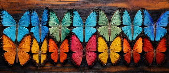 Several vibrant butterflies are perched on a rustic wooden table, creating a picturesque scene in a natural setting.
