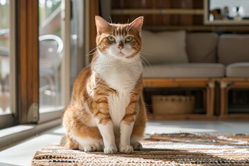 Domestic Ginger Tabby Cat Sitting on Woven Rug in Sunlit Modern Home Interior